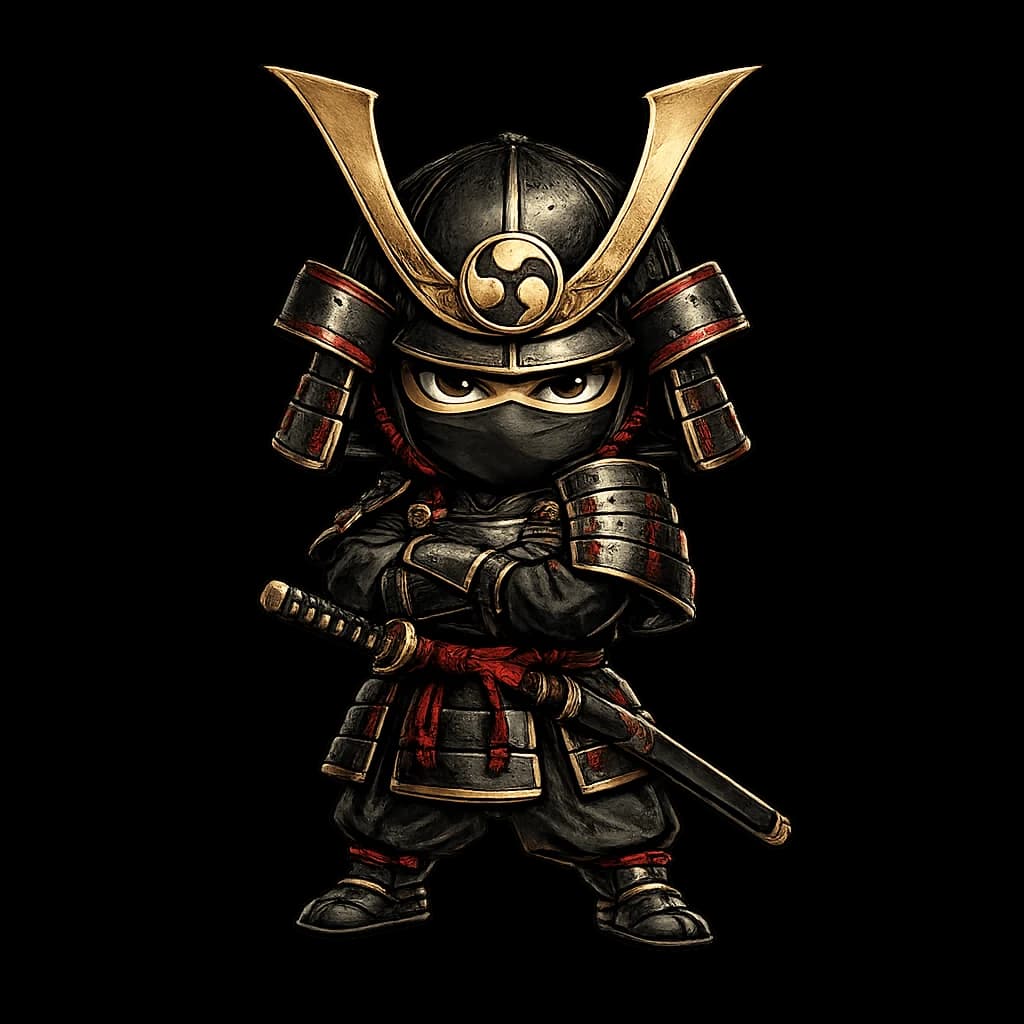 Sudoku Samurai mascot, a chibi samurai in black armor with a gold horned helmet, holding a katana, standing in front of a samurai sudoku board
